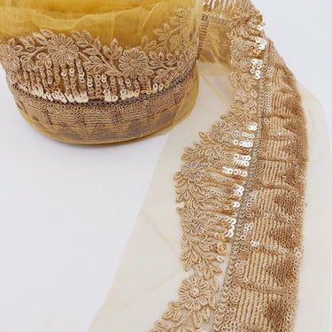 Gold Net Lace Trim with Floral Embroidery and Sequins, Sari Border, Embroidered Trim